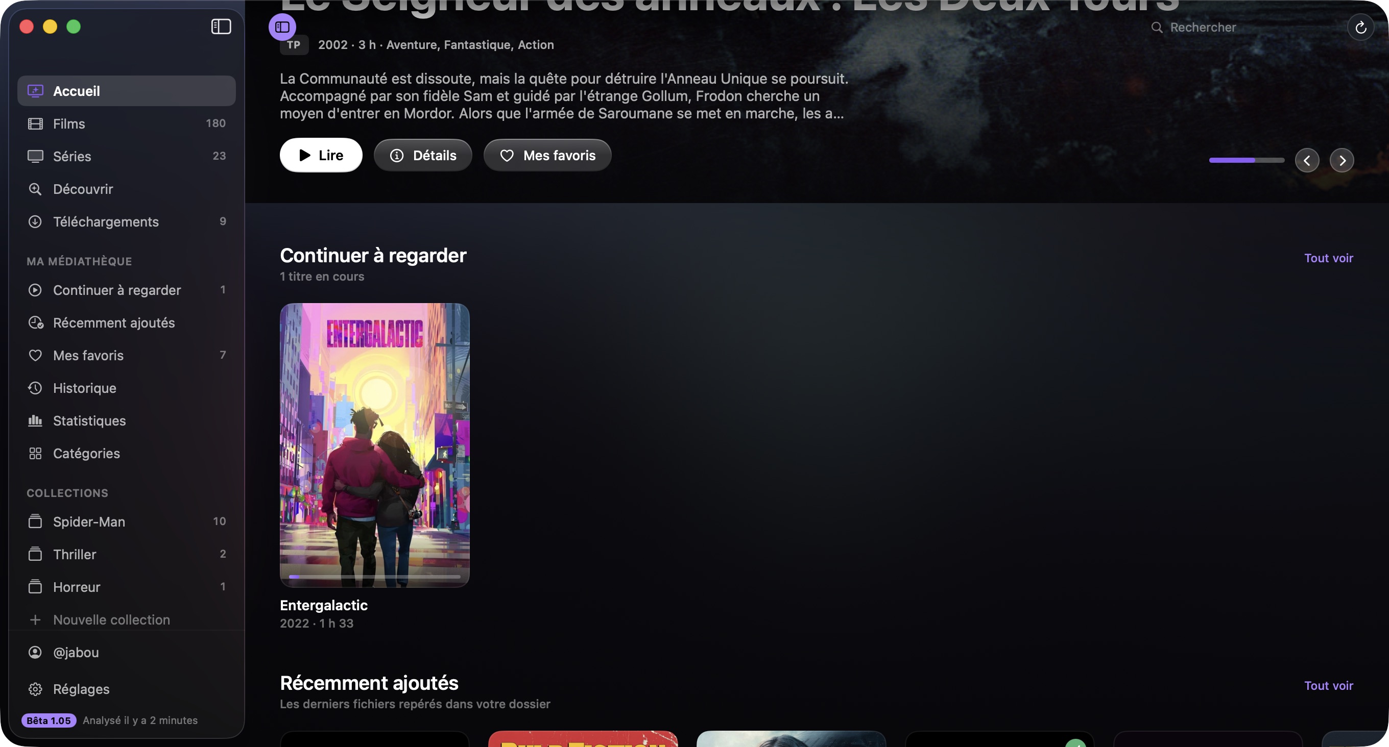 L’accueil de Cineo sur Mac : un film à la une en pleine largeur, la reprise de lecture et les ajouts récents